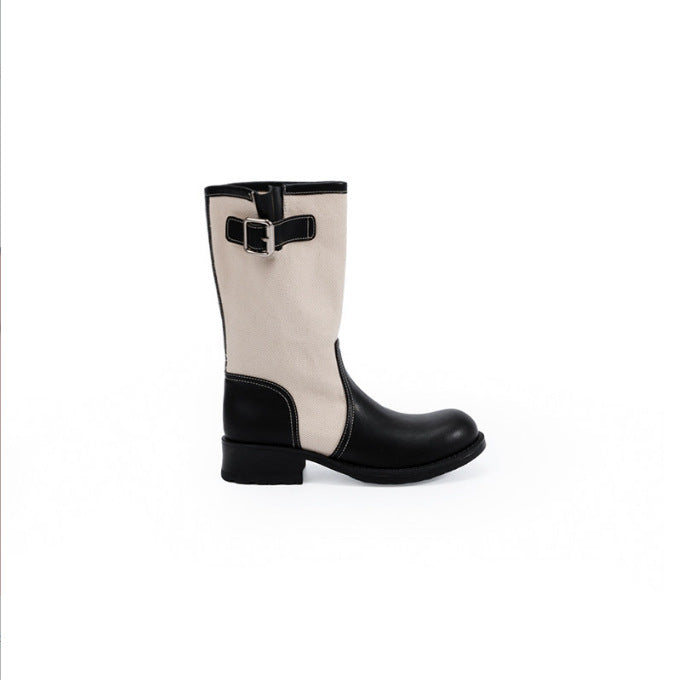 Damen Leder-Leinen Mid-Calf Stiefel mit Schnallenriemen Echo Archiv