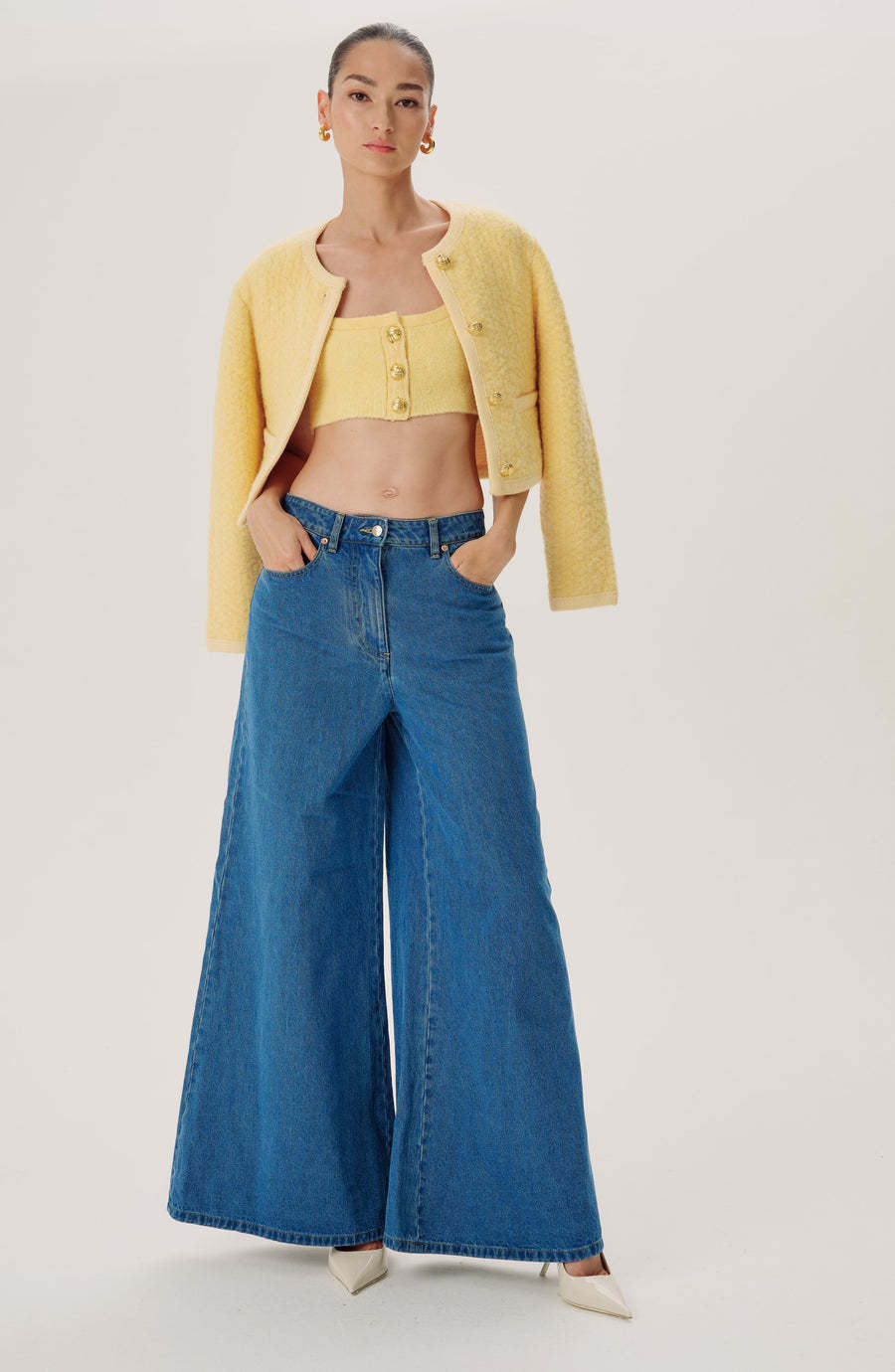 Damen nan hochgeschnittene Palazzo-Denim-Jeans mit betonter Mittelnaht und extra weitem Saum Echo Archiv