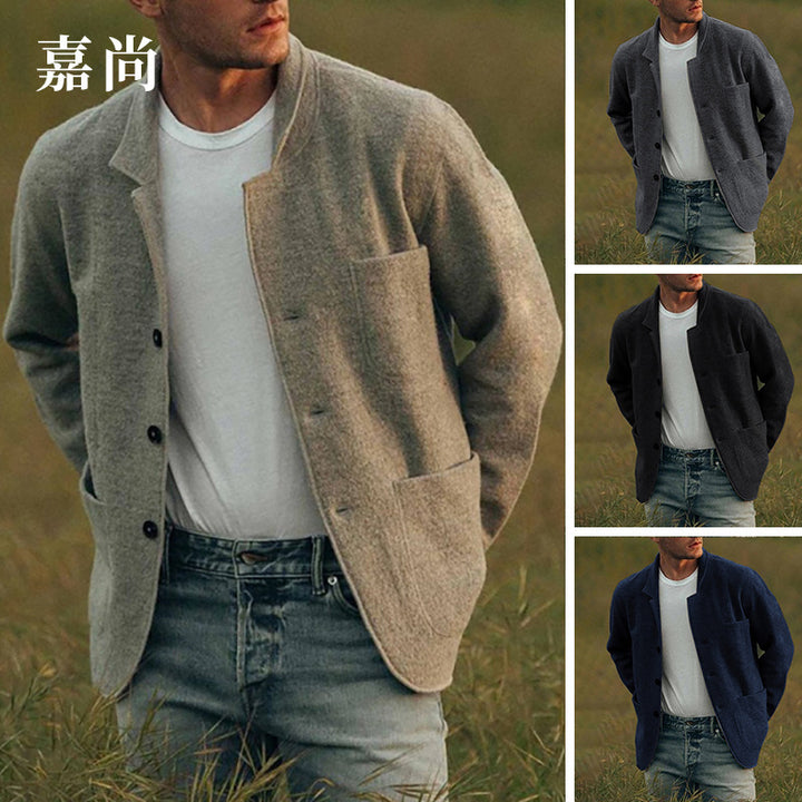 Herren Unstrukturierter Wollmix-Cardigan-Blazer mit Knopfleiste und aufgesetzten Taschen – Tianoro