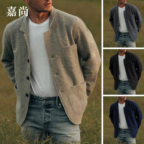 Herren Unstrukturierter Wollmix-Cardigan-Blazer mit Knopfleiste und aufgesetzten Taschen – Tianoro