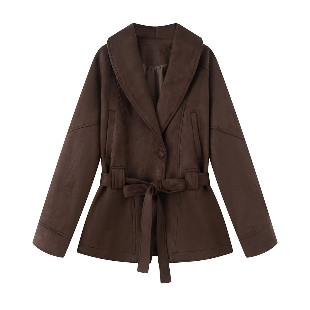 Damen nan kurzer Veloursoptik-Mantel mit Schalkragen, Bindegürtel und Eingrifftaschen Echo Archiv