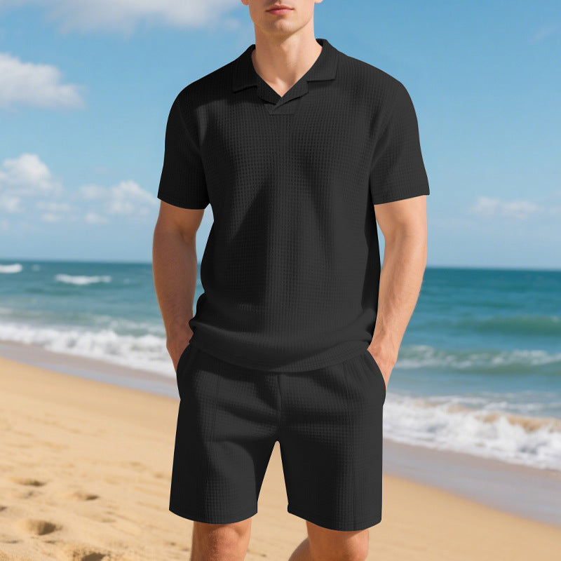 Herren lässiges Polo- und Shorts-Set aus atmungsaktivem Strukturgewebe Echoarchiv