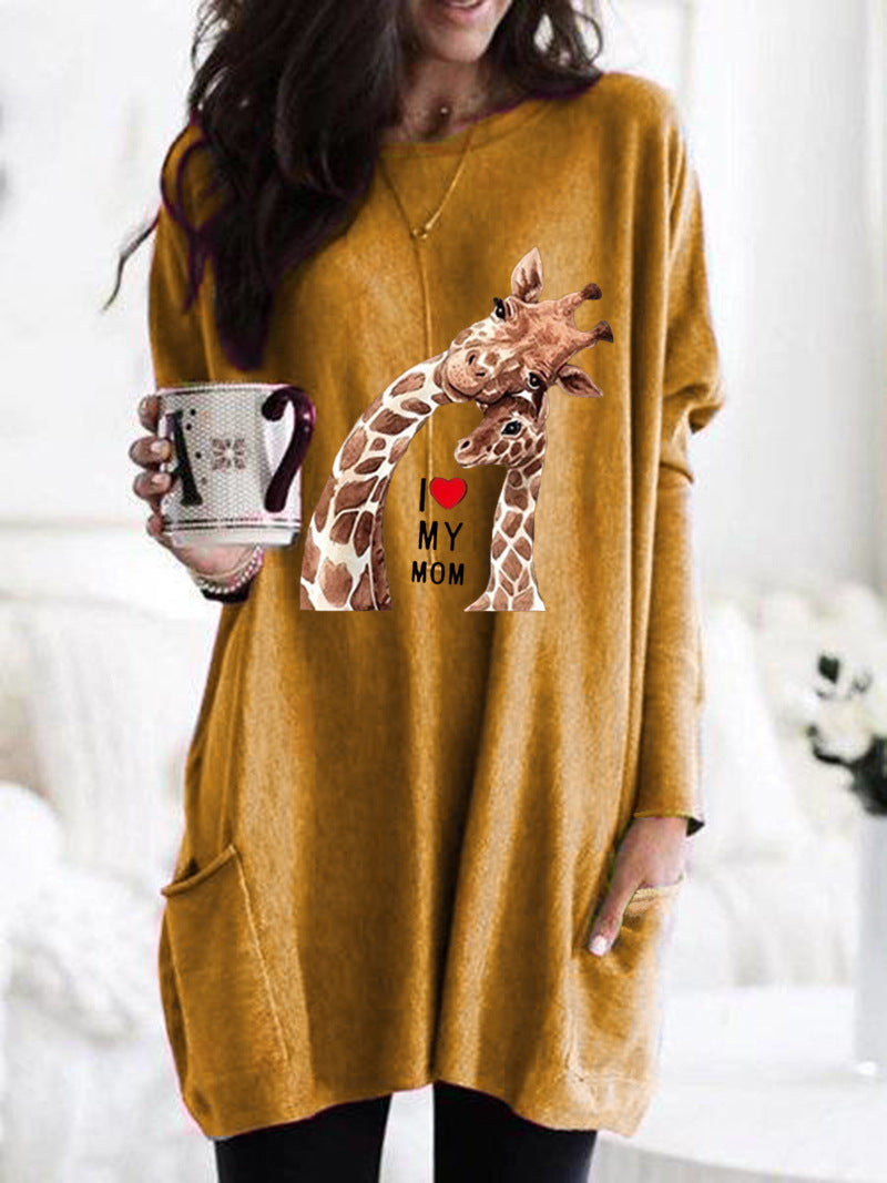 Frauen Übergroße Sweatkleid mit Giraffenmuster, Rundhalsausschnitt und Seitentaschen Echoarchiv