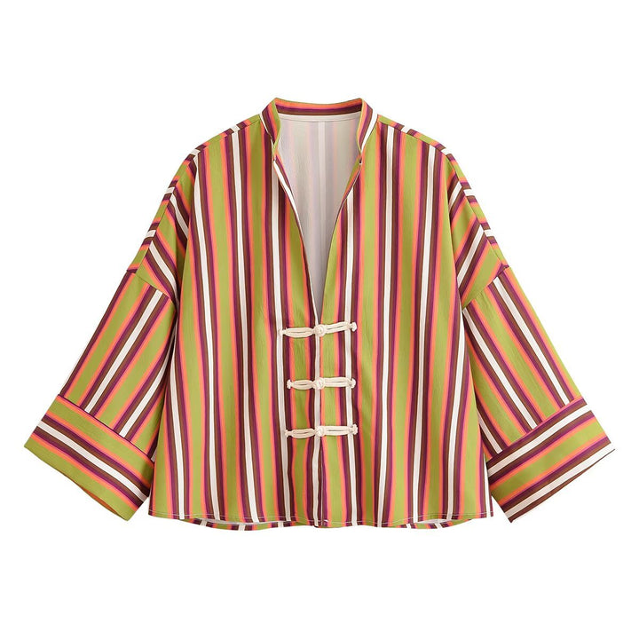 Damen Gestreifte Kimono‑Jacke mit kurzen Trompetenärmeln und dekorativen Knotenverschlüssen Echo Archiv