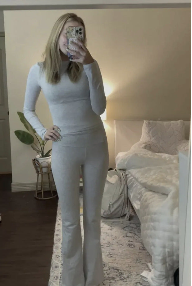 Damen Nahtloses Sport-Set mit Langarm-Cropped-Top und High-Waist Leggings – Orélia