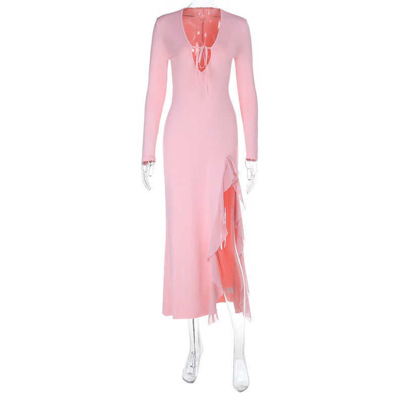 Damen Langärmeliges Midaxi-Abendkleid mit tiefem V-Ausschnitt, Bindeband und seitlichem Volantschlitz – Avérine