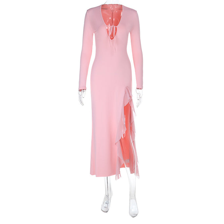 Damen Langärmeliges Midaxi-Abendkleid mit tiefem V-Ausschnitt, Bindeband und seitlichem Volantschlitz – Avérine