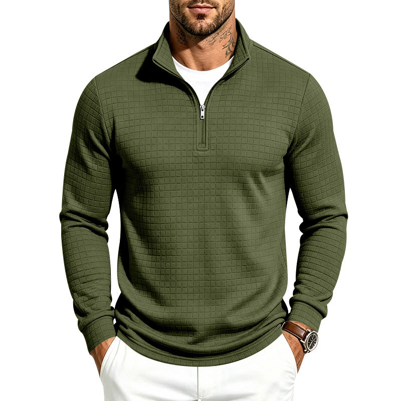 Herren Slim-Fit Pullover mit halbem Reißverschluss und geprägter Quadratstruktur Echoarchiv
