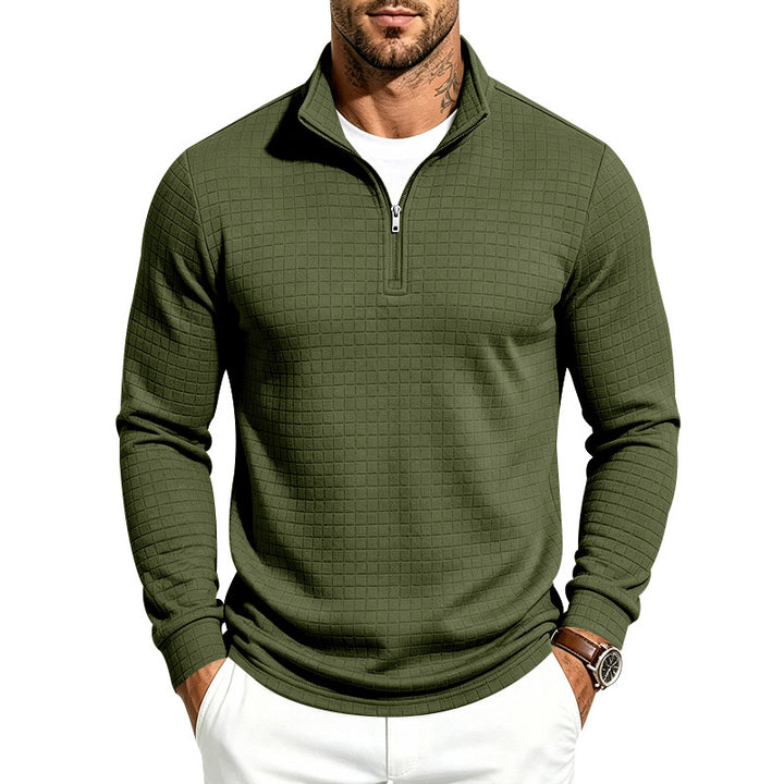 Herren Slim-Fit Pullover mit halbem Reißverschluss und geprägter Quadratstruktur Echoarchiv