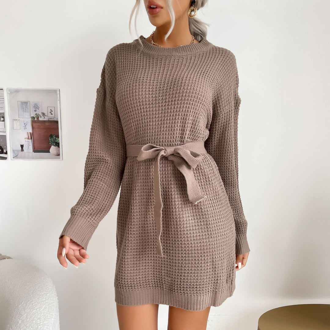 Damen Waffelstrick-Minikleid mit Tunnelzug-Taillengürtel und geripptem Saum Echoarchiv