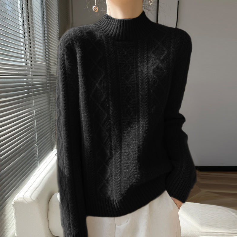Damen Kuscheliger Mohair‑Optik Mockneckpullover mit Rautenzopfstruktur und kastiger Silhouette Echoarchiv