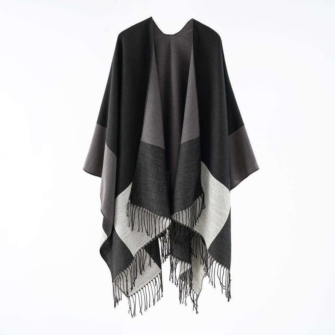 Damen eleganter Wollmix-Capeponcho mit grafischem Blockmuster und Fransen – Avérine