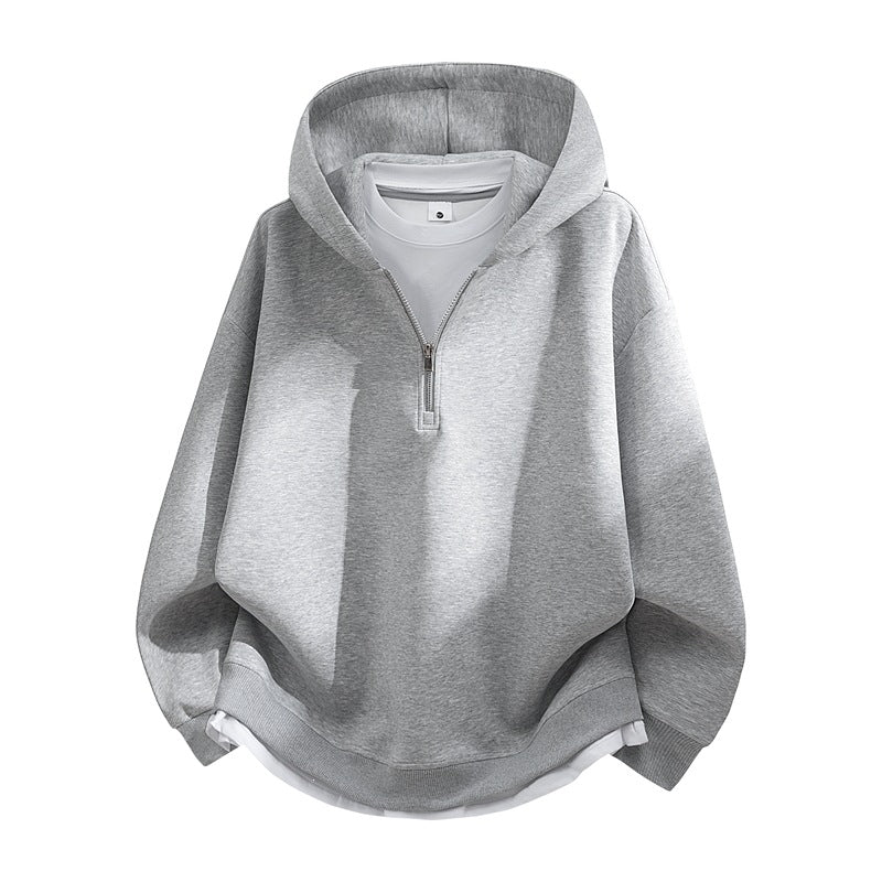 Unisex Oversize-Halbzip-Kapuzenpullover mit Lagen‑Optik, gerundetem Saum & gerippten Bündchen Echoarchiv