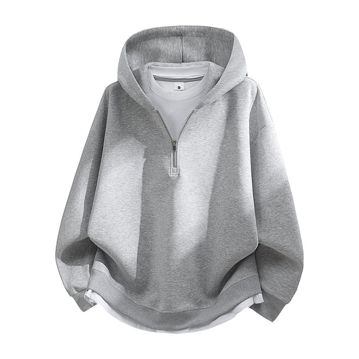Unisex Oversize-Halbzip-Kapuzenpullover mit Lagen‑Optik, gerundetem Saum & gerippten Bündchen Echoarchiv