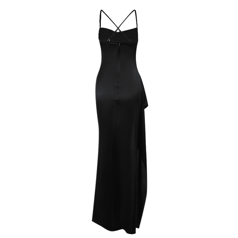 Damen elegantes Satin-Kleid mit tiefem Schlitz und verstellbaren Spaghetti-Trägern Echo Archiv