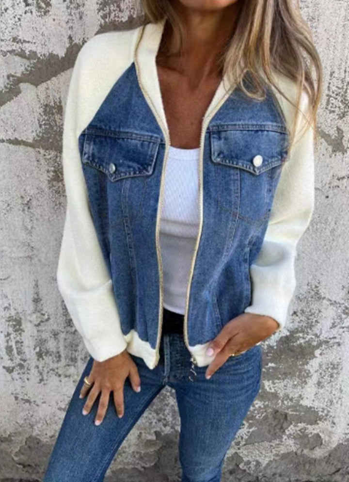 Damen nan Sweat-Jeans-Bomberjacke mit Raglanärmeln Brustklappen und Reißverschluss Echo Archiv
