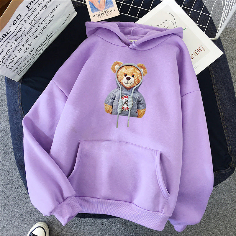 Unisex lässiger Oversize Kapuzenpullover mit Teddy-Frontprint, Kängurutasche und weichem Fleece-Innenfutter – Auréline
