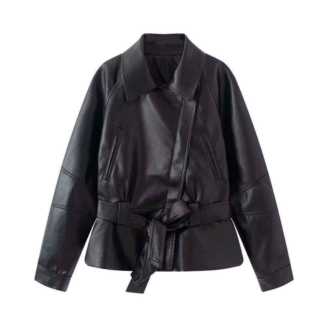 Damen Kurzjacke aus Kunstleder mit Taillengürtel und Hemdkragen Echo Archiv