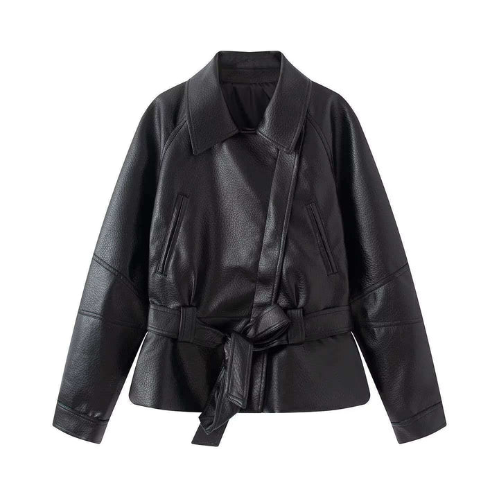 Damen Kurzjacke aus Kunstleder mit Taillengürtel und Hemdkragen Echo Archiv