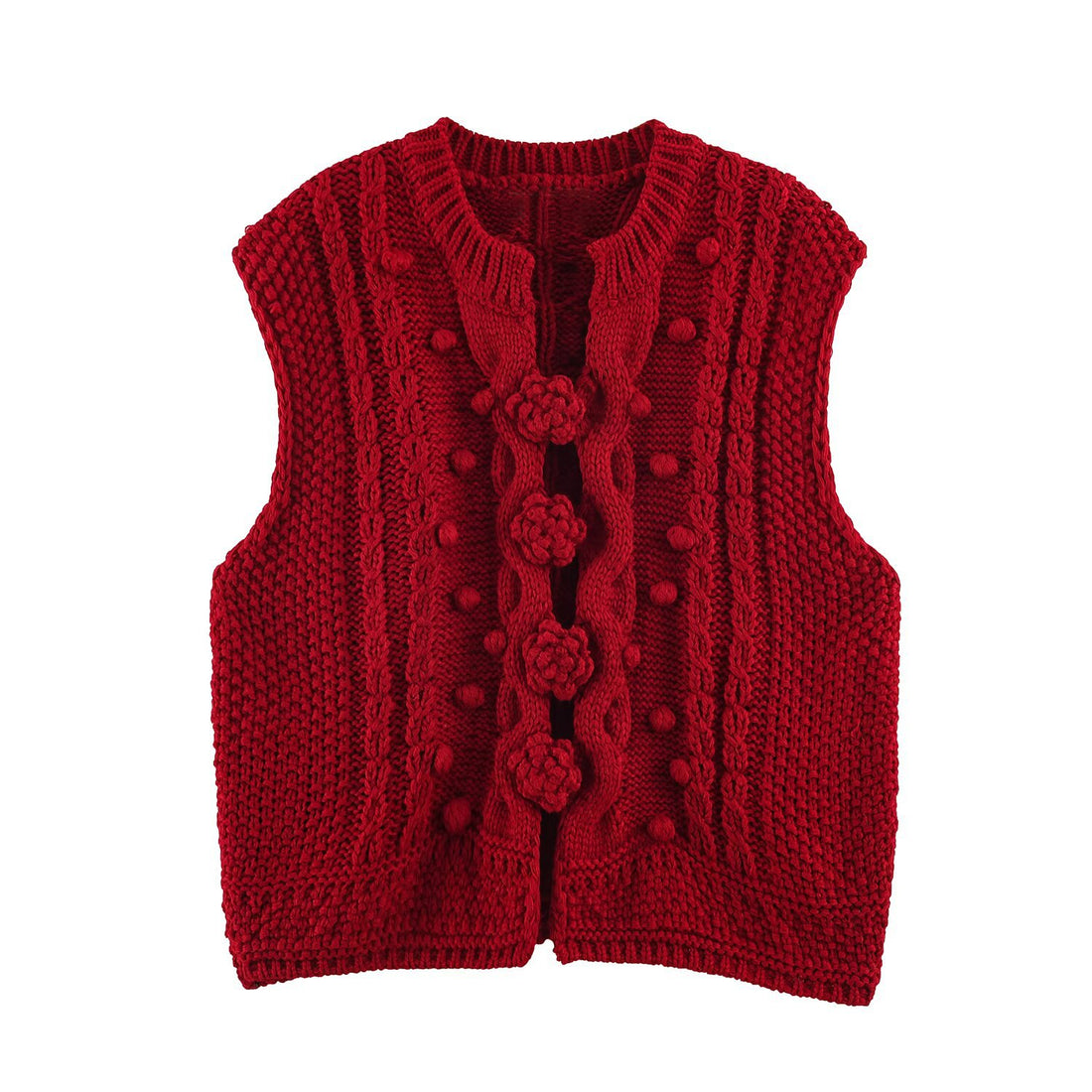 Damen Strickweste mit Zopfmuster, Blumenapplikationen und Noppenstruktur Echoarchiv