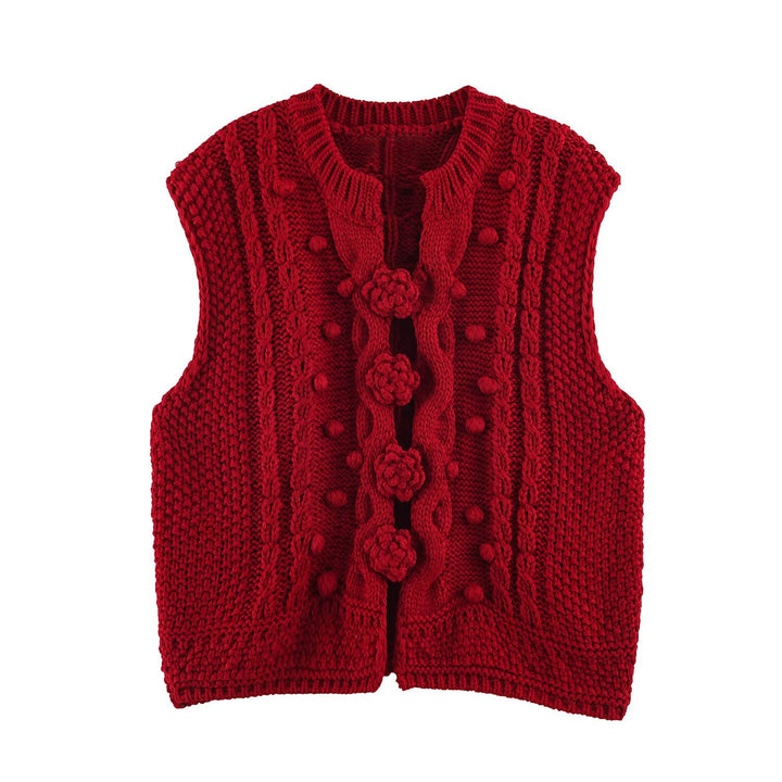 Damen Strickweste mit Zopfmuster, Blumenapplikationen und Noppenstruktur Echoarchiv