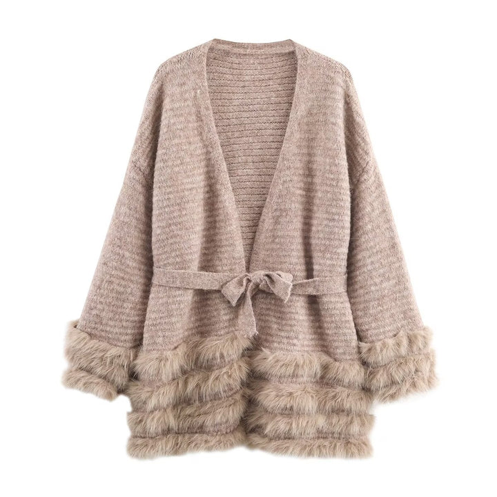 Damen Strick-Cardigan mit Bindegürtel und Faux-Fur-Besatz Echo Archiv