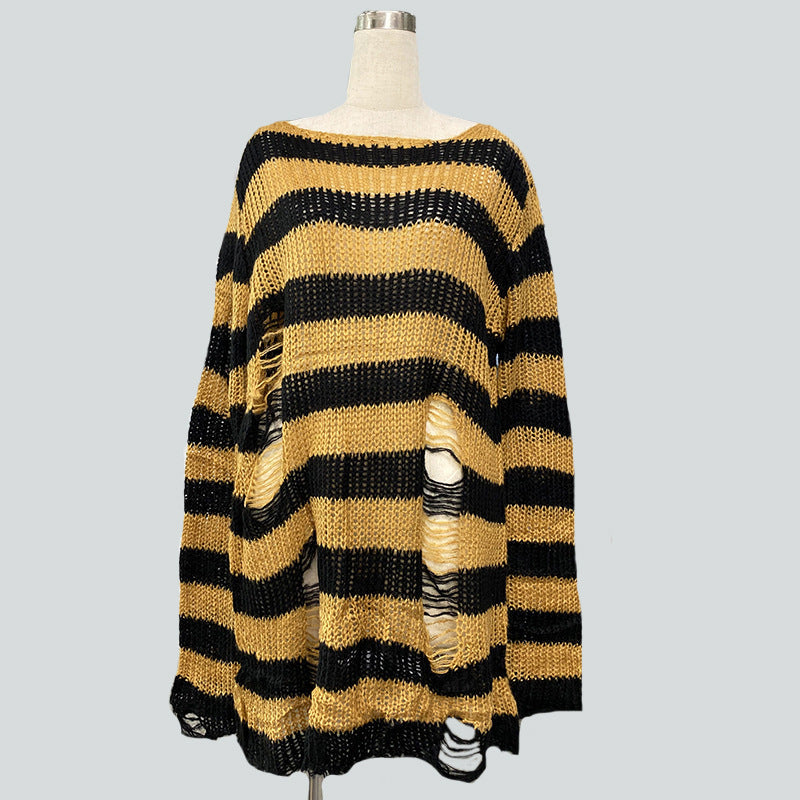Damen nan Oversized Grobstrickpullover mit breiten Blockstreifen und aufgerissenem Design Echo Archiv