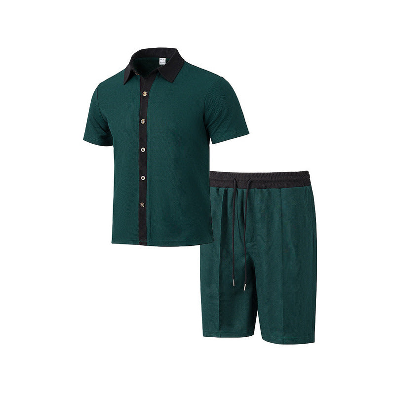 Herren lässiges Freizeit-Set mit strukturiertem Kurzarmhemd und passenden Shorts Echoarchiv