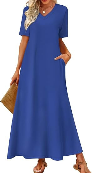 Damen Langes A-Linien-Maxikleid mit V-Ausschnitt, Kurzarm und Eingrifftaschen Echoarchiv