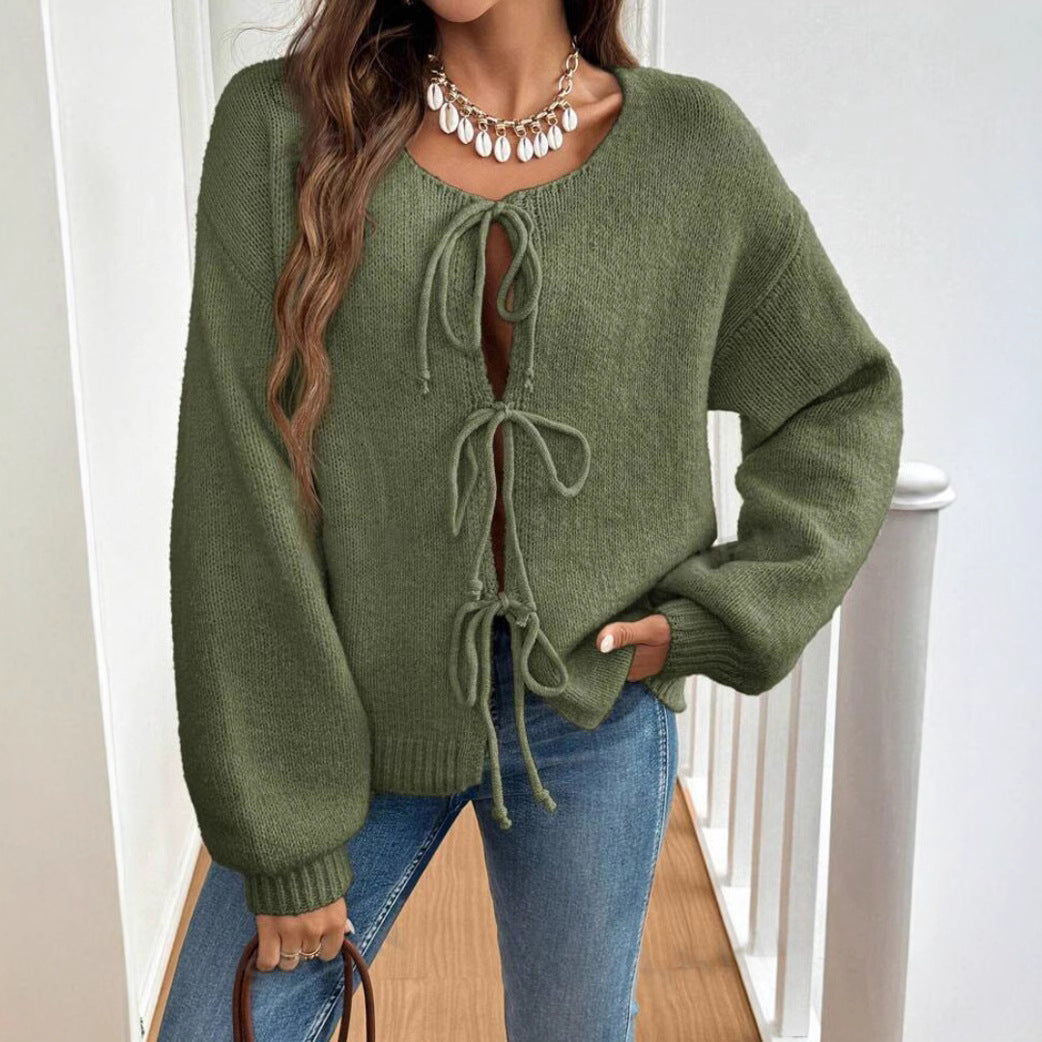 Damen Kurzcardigan mit Bindebändern, Oversize‑Silhouette und Ballonärmeln – Veloura