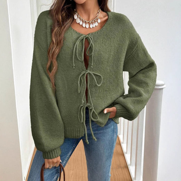 Damen Kurzcardigan mit Bindebändern, Oversize‑Silhouette und Ballonärmeln – Veloura