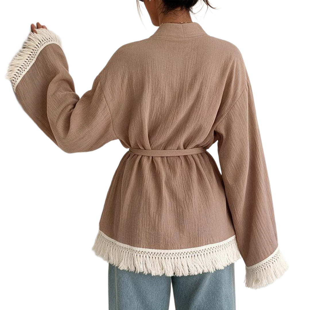 Damen Fransen-Kimono-Jacke aus Leinenoptik mit Taillengürtel Echoarchiv