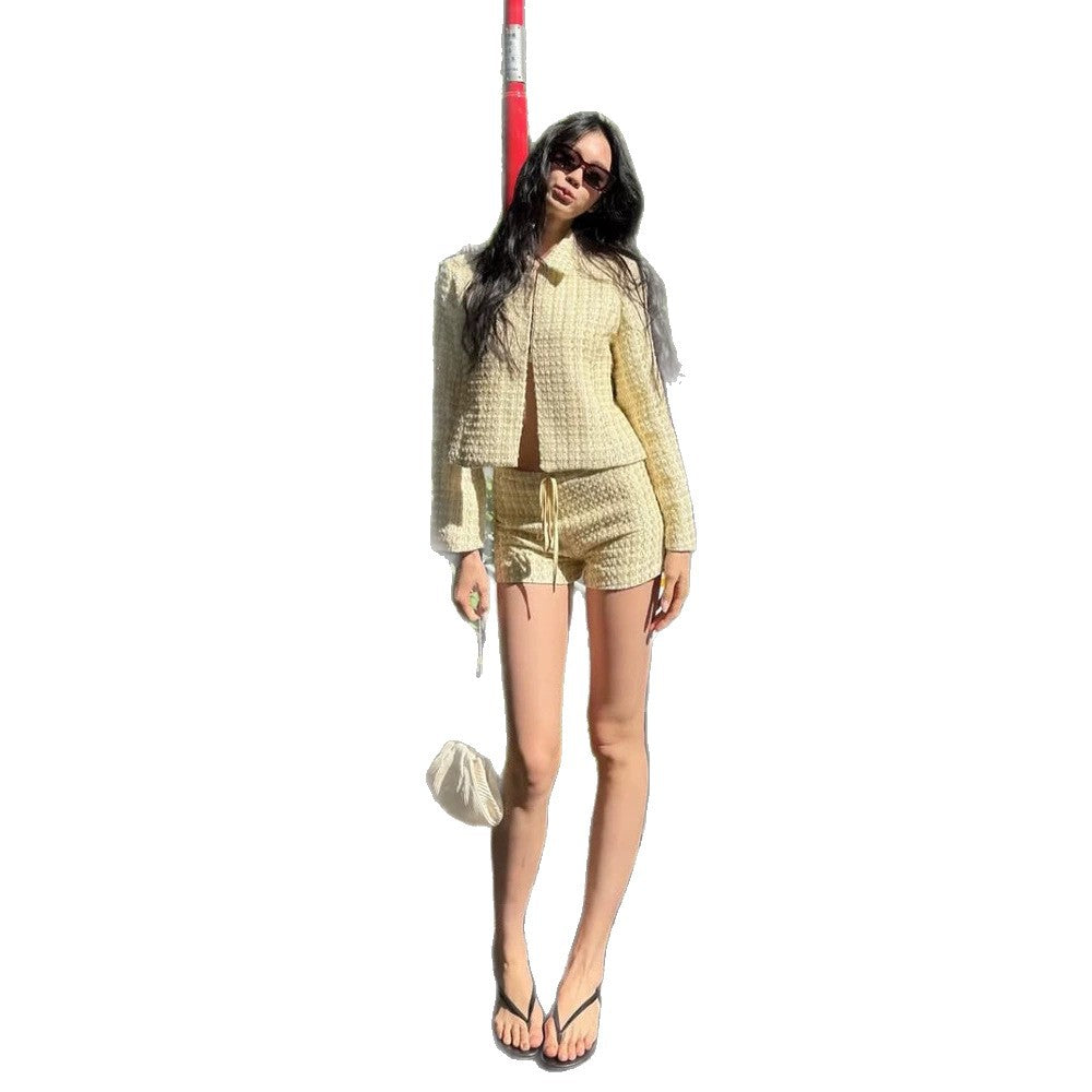 Damen Zweiteiliges Bouclé-Set mit Kurzjacke und Kordelbund-Shorts Echoarchiv