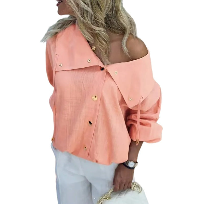 Damen Oversize Off-Shoulder Leinenbluse mit asymmetrischem Kragen und Zierknopfleiste Echo Archiv