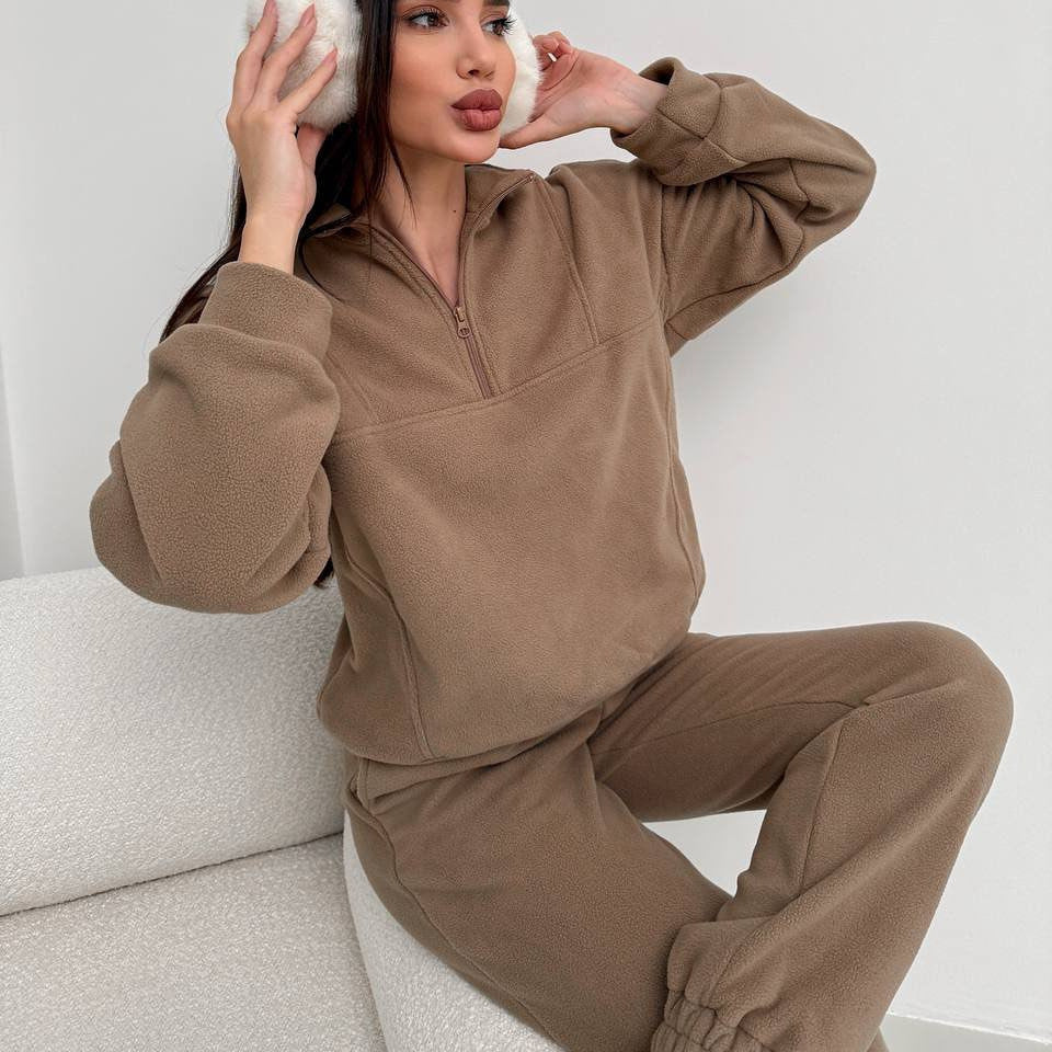 Damen gemütlicher Fleece-Zweiteiler mit halbem Reißverschluss, cropped Pullover und hochtaillierter Jogginghose mit elastischem Bund – Auréline