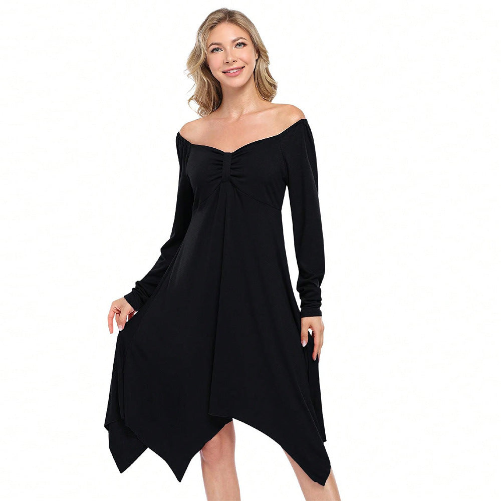 Damen asymmetrisches Longsleeve-Kleid mit gerafftem Bustier, Empire‑Naht und Zipfelsaum – Valéora