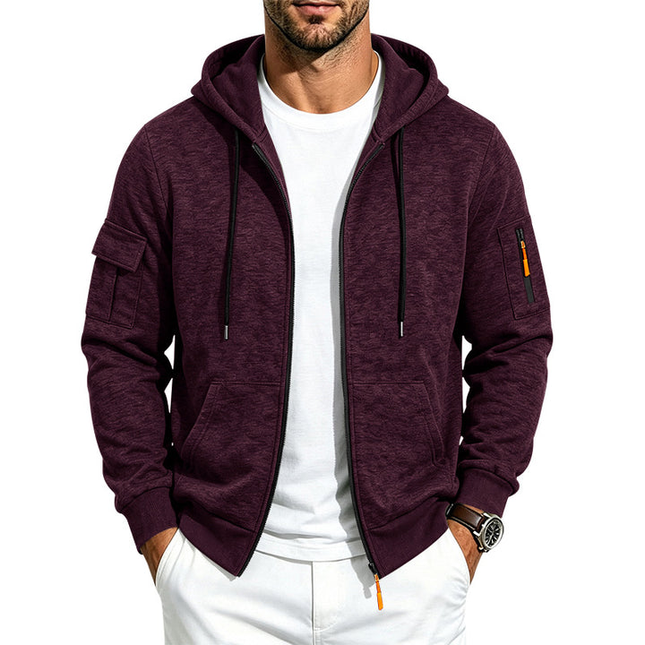 Herren Melierte Zip‑Hoodie‑Jacke mit Utility‑Ärmeltasche und Känguru‑Taschen Echoarchiv