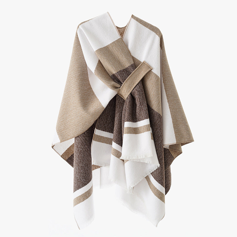 Damen Oversize-Capeponcho aus Wollmix mit Bindeschlaufe und Streifenbordüre Echo Archiv