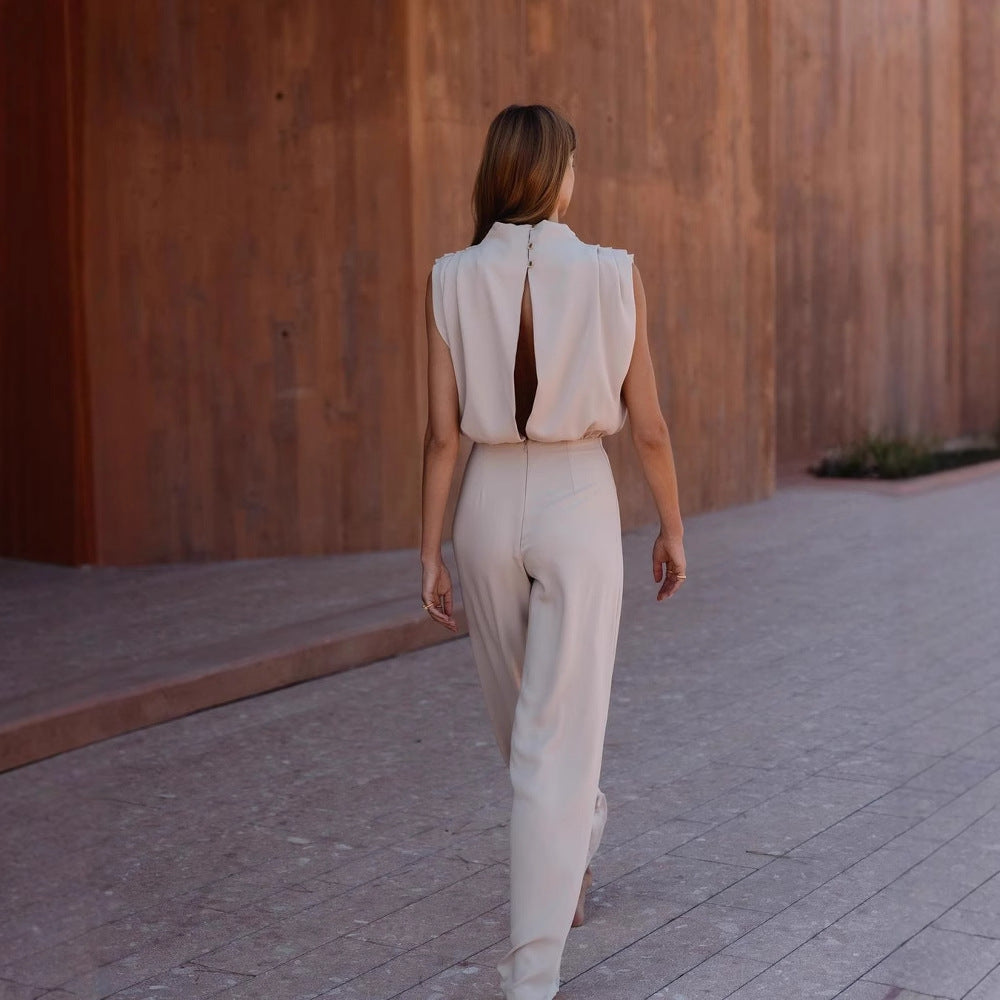 Damen Eleganter Jumpsuit mit hochgeschlossenem Kragen und weiten Beinen Echo Archiv