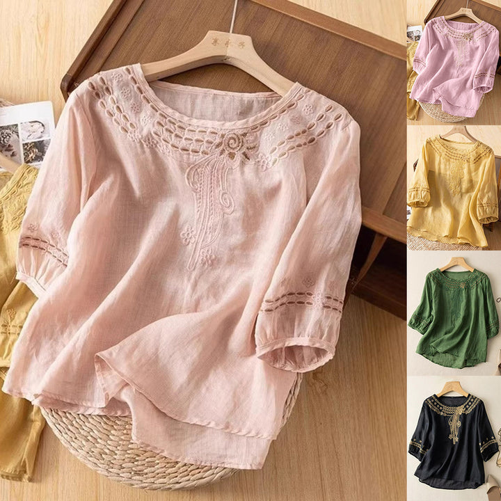 Damen Bestickte Leinenoptik-Bluse mit Rundhalsausschnitt und Dreiviertelärmeln – Élovi
