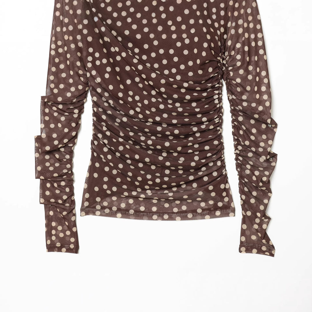 Damen nan gerafftes Langarm-Mesh-Top mit Rollkragen und Punkteprint Echo Archiv