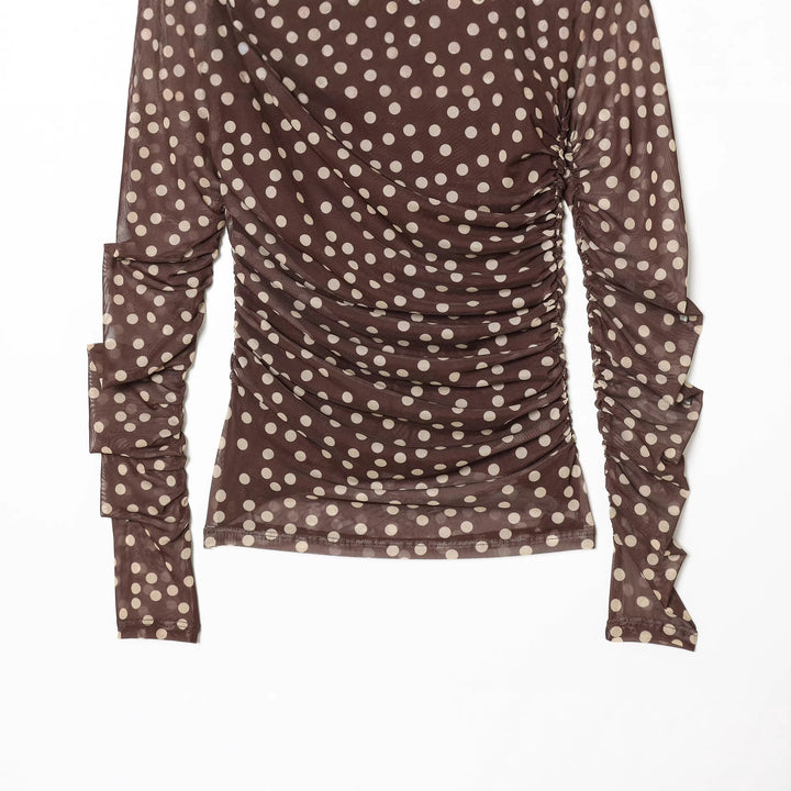 Damen nan gerafftes Langarm-Mesh-Top mit Rollkragen und Punkteprint Echo Archiv