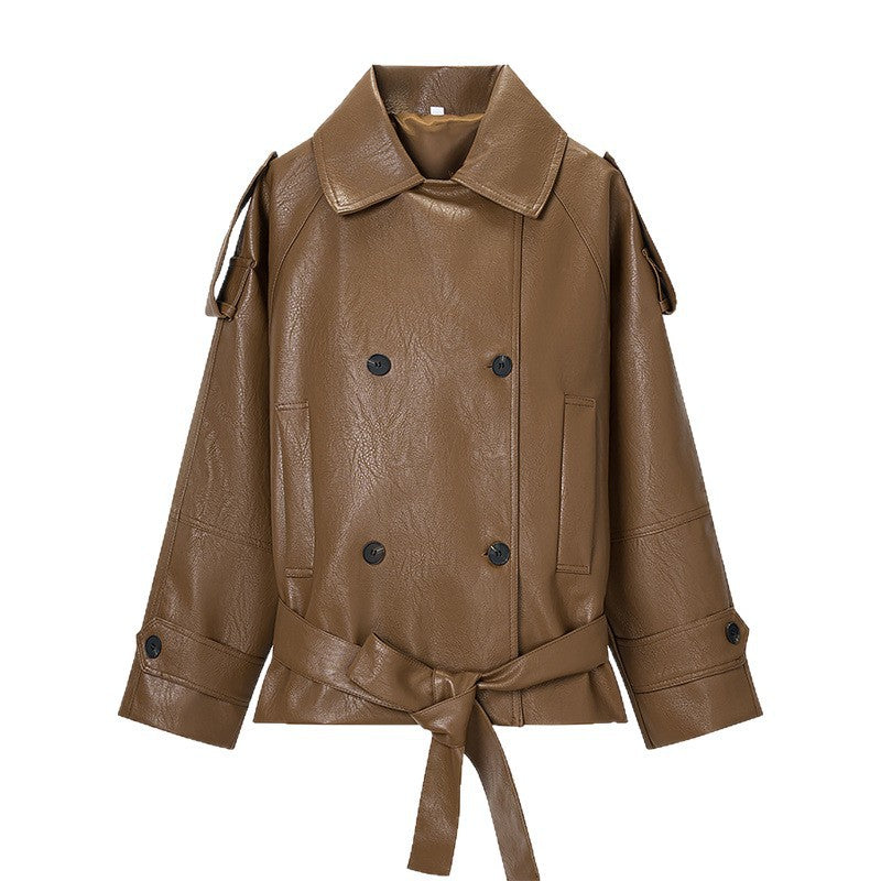 Damen Cropped Kunstleder-Trenchjacke mit Taillengürtel, Doppelreiher und Schulterklappen Echo Archiv
