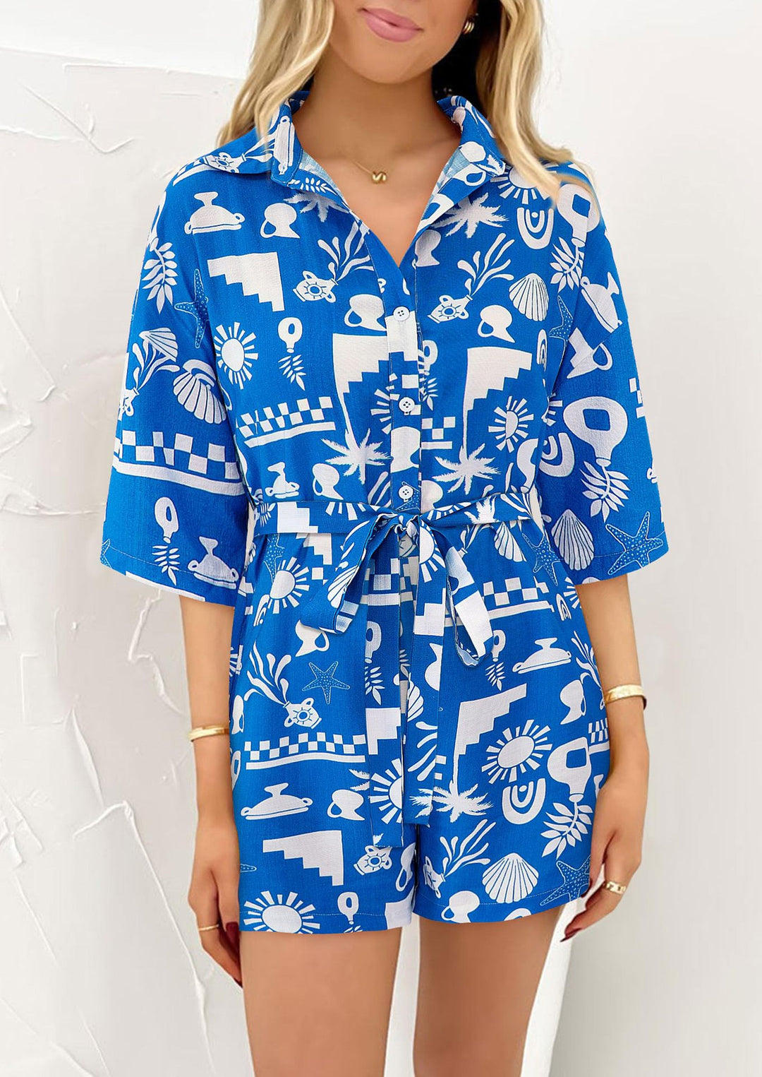 Damen Leichte Kurzarm-Bluse mit Bindegürtel Echo Archiv