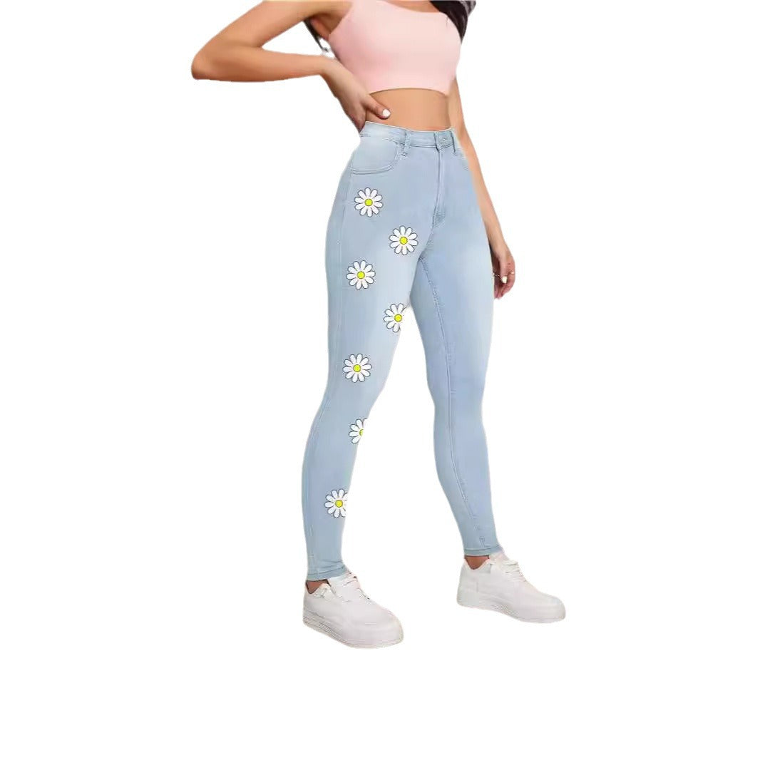Damen High-Waist Skinny-Jeans mit aufgedruckten Margeriten und figurformendem Stretch Echo Archiv