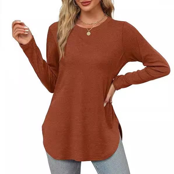 Damen Lässiges Longsleeve-Tunikaoberteil mit Rundhalsausschnitt, Seitenschlitzen und Aquarell-Blattprint Echo Archiv