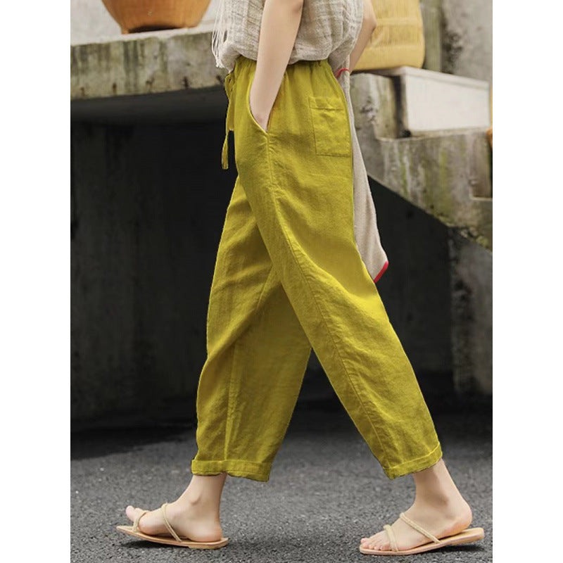Damen lässige Leinenhose mit elastischem Bund und seitlichen Taschen Echoarchiv
