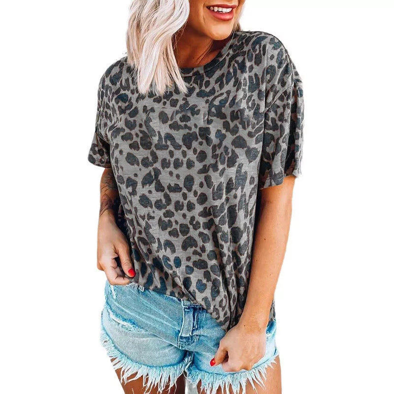 Damen lässiges Leoprint T-Shirt mit weichem Stoff und lockerer Passform Echoarchiv