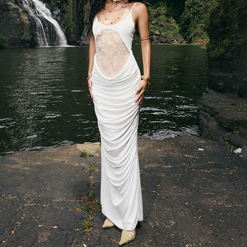 Damen Elegantes langes Kleid mit transparentem Spitzenbesatz und raffinierten Drapierungen Echo Archiv