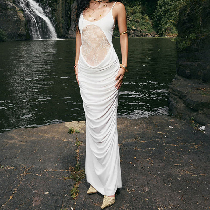 Damen Elegantes langes Kleid mit transparentem Spitzenbesatz und raffinierten Drapierungen Echo Archiv